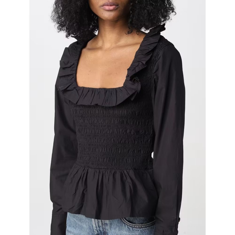 Ganni Ruffled Poplin Smock Blouse in Black Size‎ 36 / 4